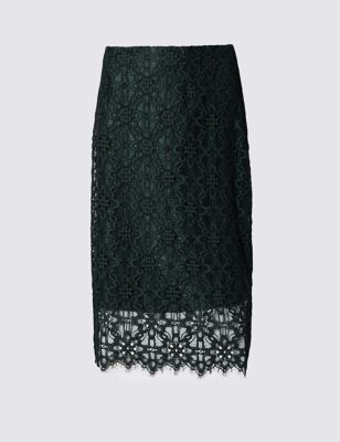 Cotton Blend Lace Midi Skirt